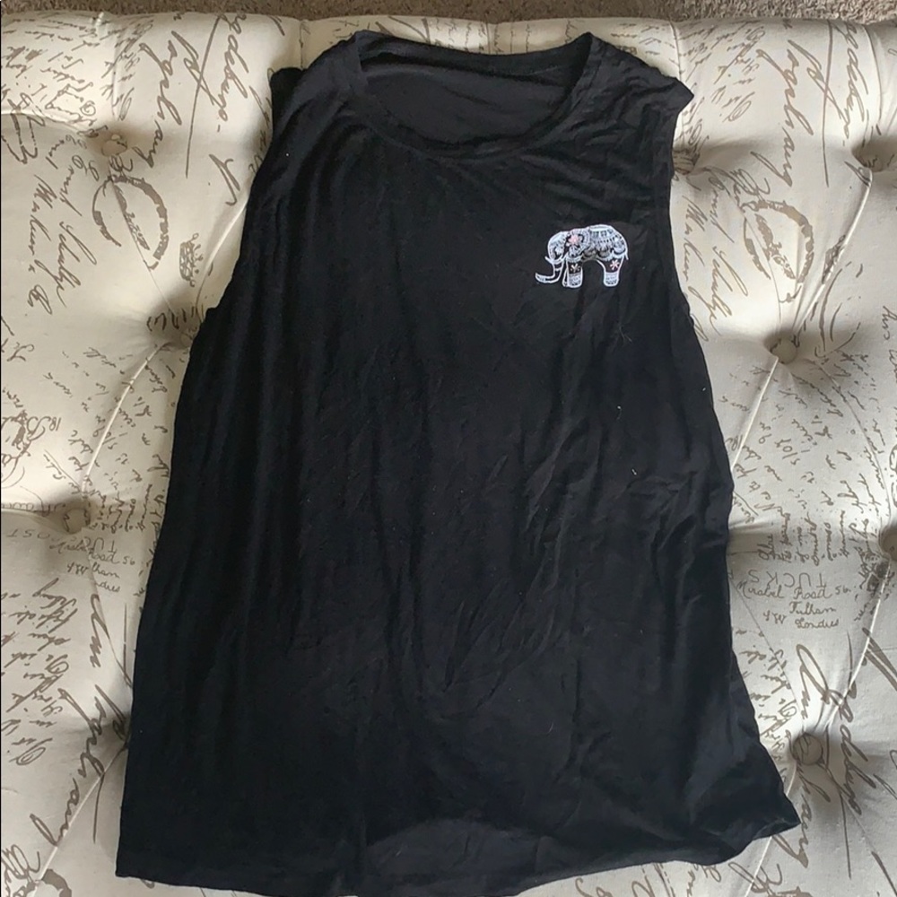 black tank top with elephant embroidered on it